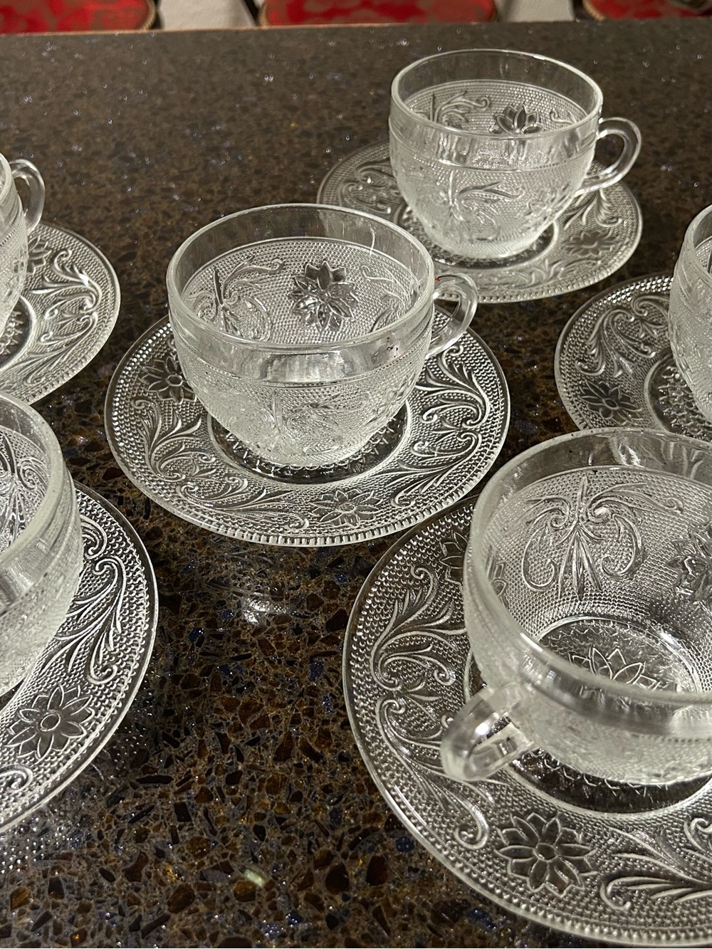Pressed Clear Glass Tea Cup and Saucer Set - Elegant Floral Pattern
